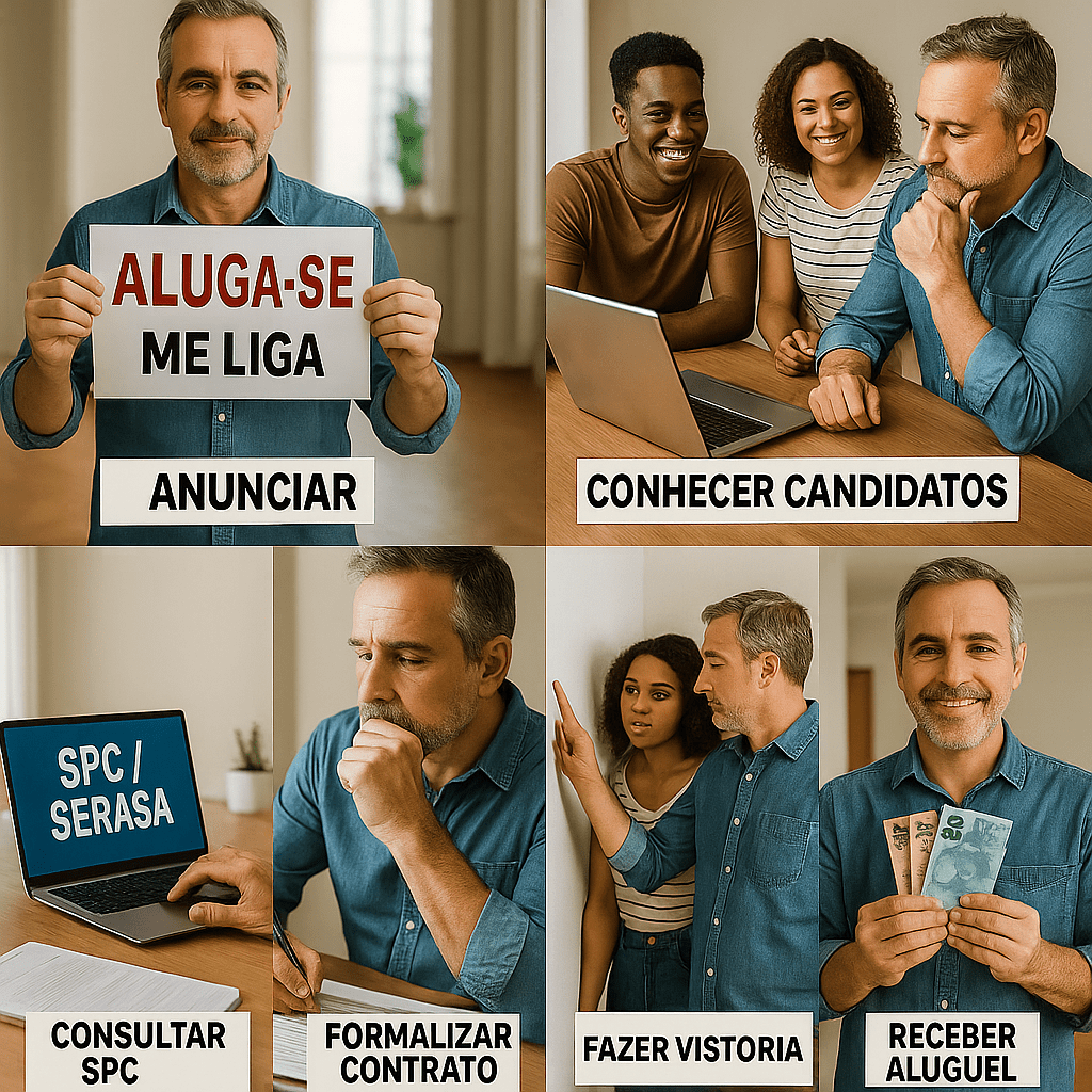 Colagem ilustrando as etapas de como alugar sua casa — anúncio, seleção de candidatos, formalização do contrato, vistoria do imóvel e recebimento do aluguel.