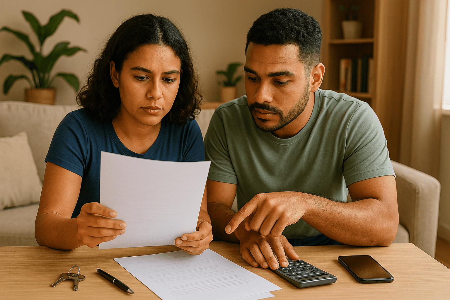 Casal brasileiro analisando contrato de locação e documentos sobre mesa, representando cuidados ao alugar uma casa