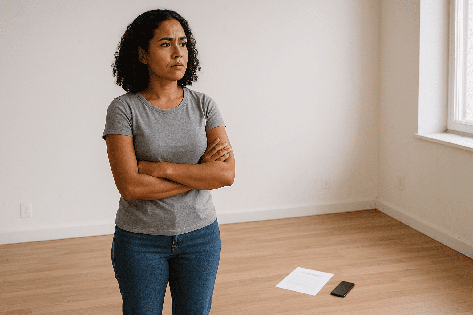 Mulher pensativa em apartamento vazio, refletindo se deve pintar o imóvel alugado antes de devolver